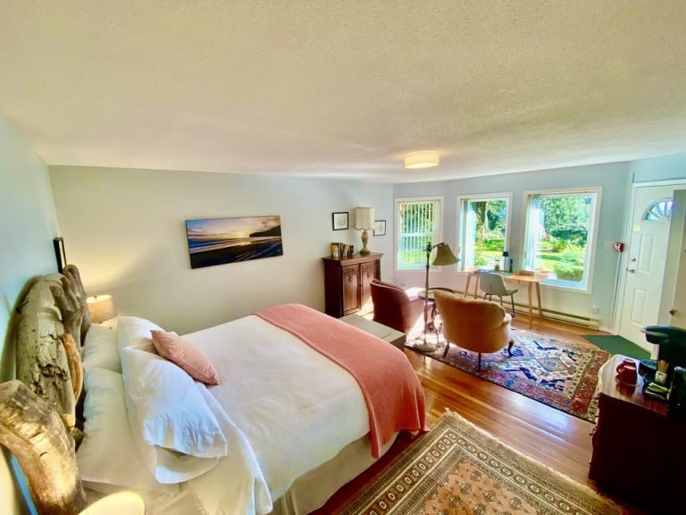 Oceanfront King Suite with vintage decor and garden access.