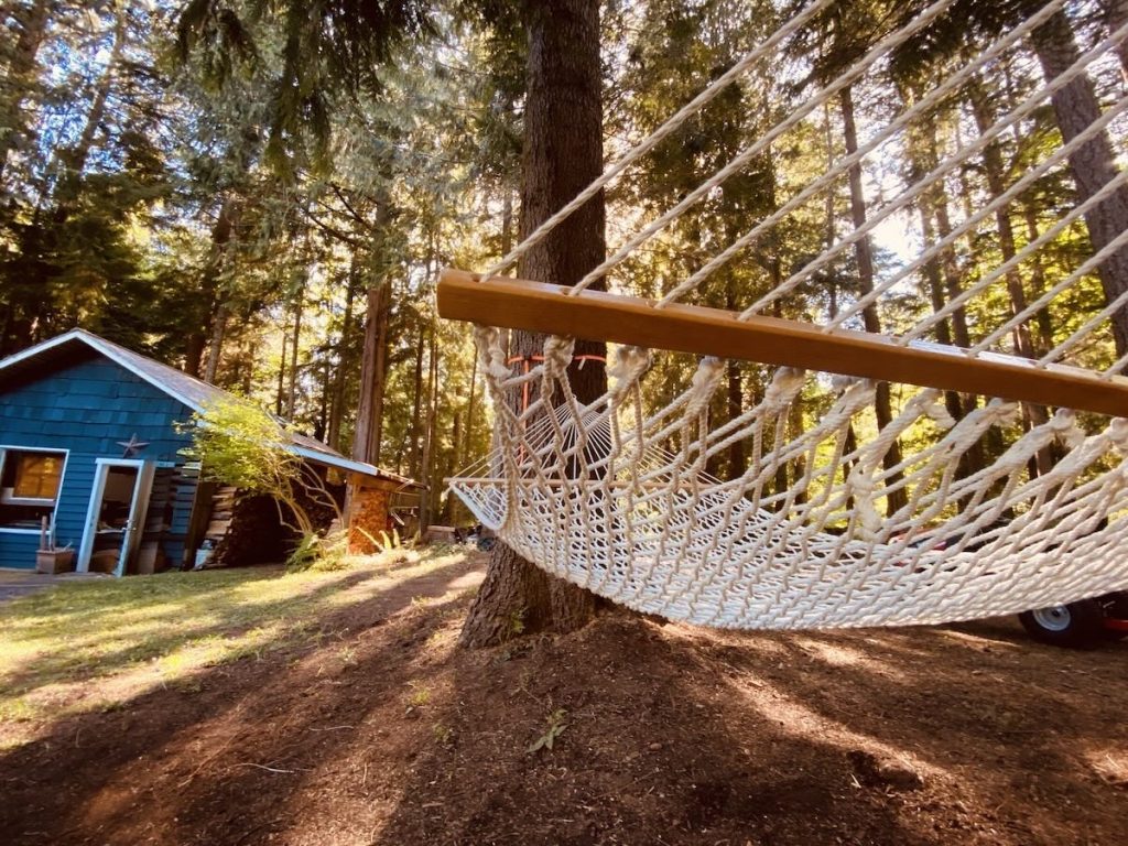 A sun-drenched forest hammock and reimagined guest recreational space nestled among towering cedars at Ocean Wilderness Inn, Shirley BC.